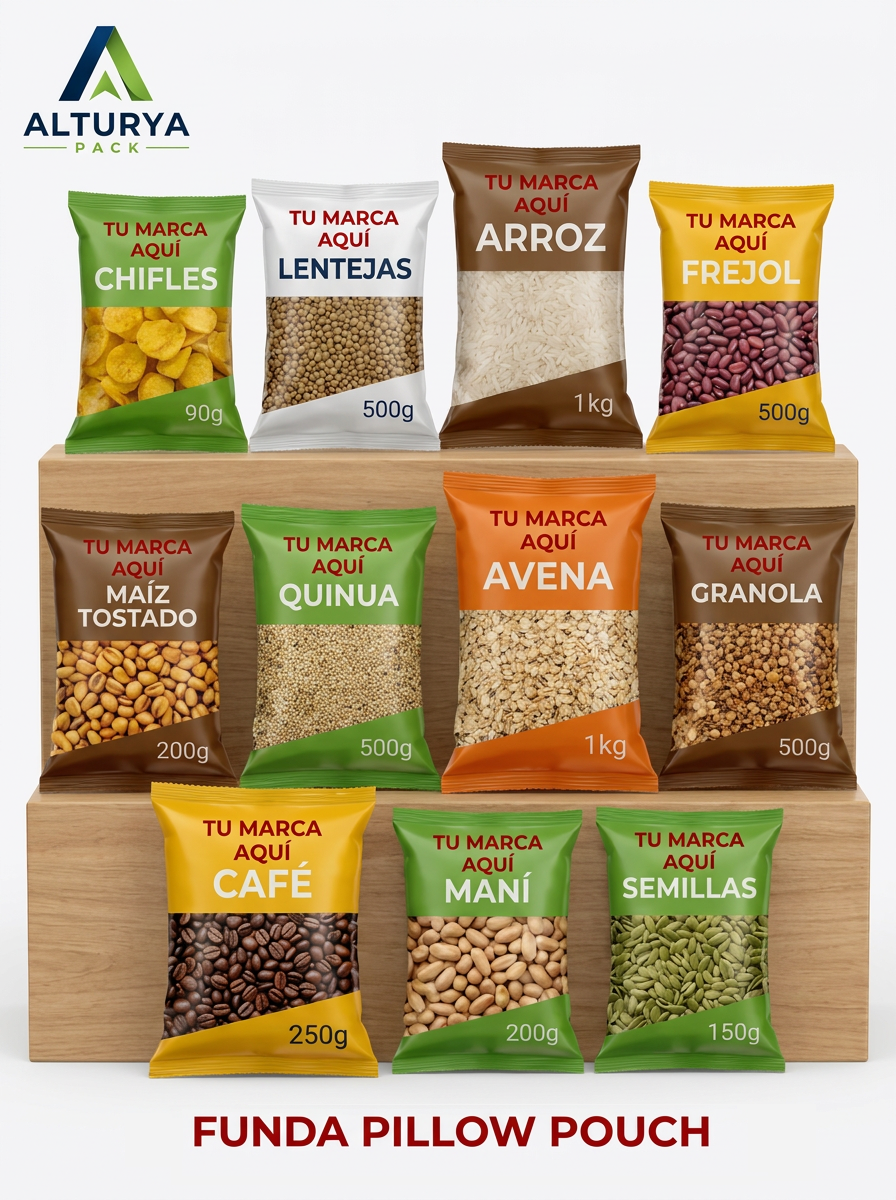 Catálogo de formatos pillow pouch: chifles, lentejas, arroz, frejol, maíz tostado, quinua, avena, granola, café, maní y semillas, con tu marca