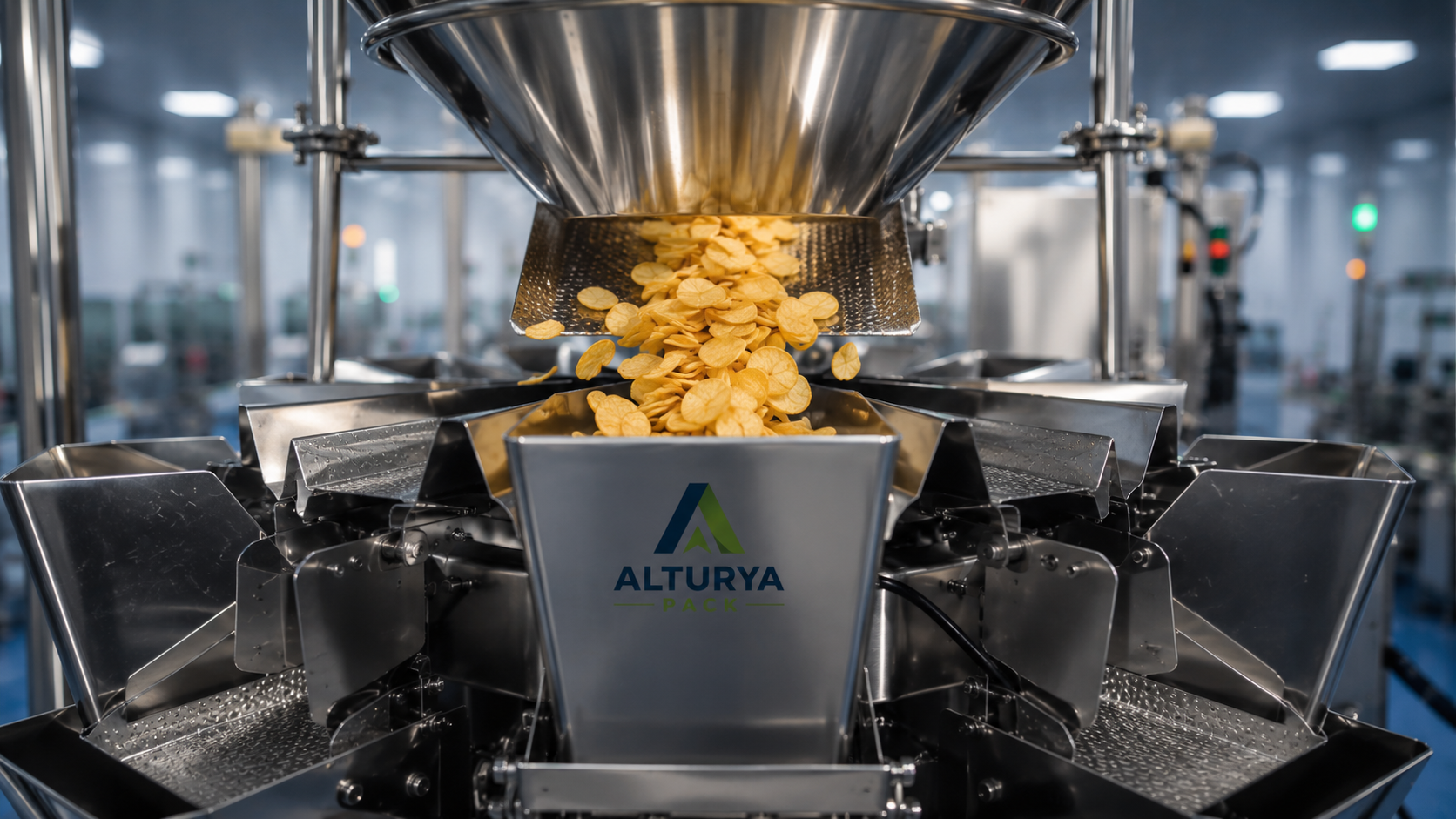 Máquina multicabezal de pesaje automático en la planta Alturya Pack empacando snacks